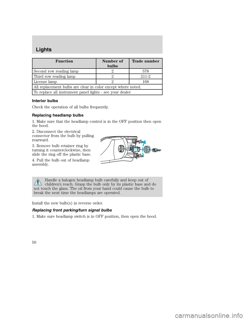 FORD EXCURSION 2003 1.G Service Manual Function Number of
bulbsTrade number
Second row reading lamp 2 578
Third row reading lamp 2 211-2
License lamp 2 168
All replacement bulbs are clear in color except where noted.
To replace all instrum