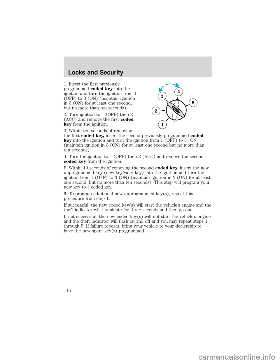 FORD EXCURSION 2004 1.G User Guide 1. Insert the first previously
programmedcoded keyinto the
ignition and turn the ignition from 1
(OFF) to 3 (ON) (maintain ignition
in 3 (ON) for at least one second,
but no more than ten seconds).
2. FORD EXCURSION 2004 1.G User Guide 1. Insert the first previously
programmedcoded keyinto the
ignition and turn the ignition from 1
(OFF) to 3 (ON) (maintain ignition
in 3 (ON) for at least one second,
but no more than ten seconds).
2.