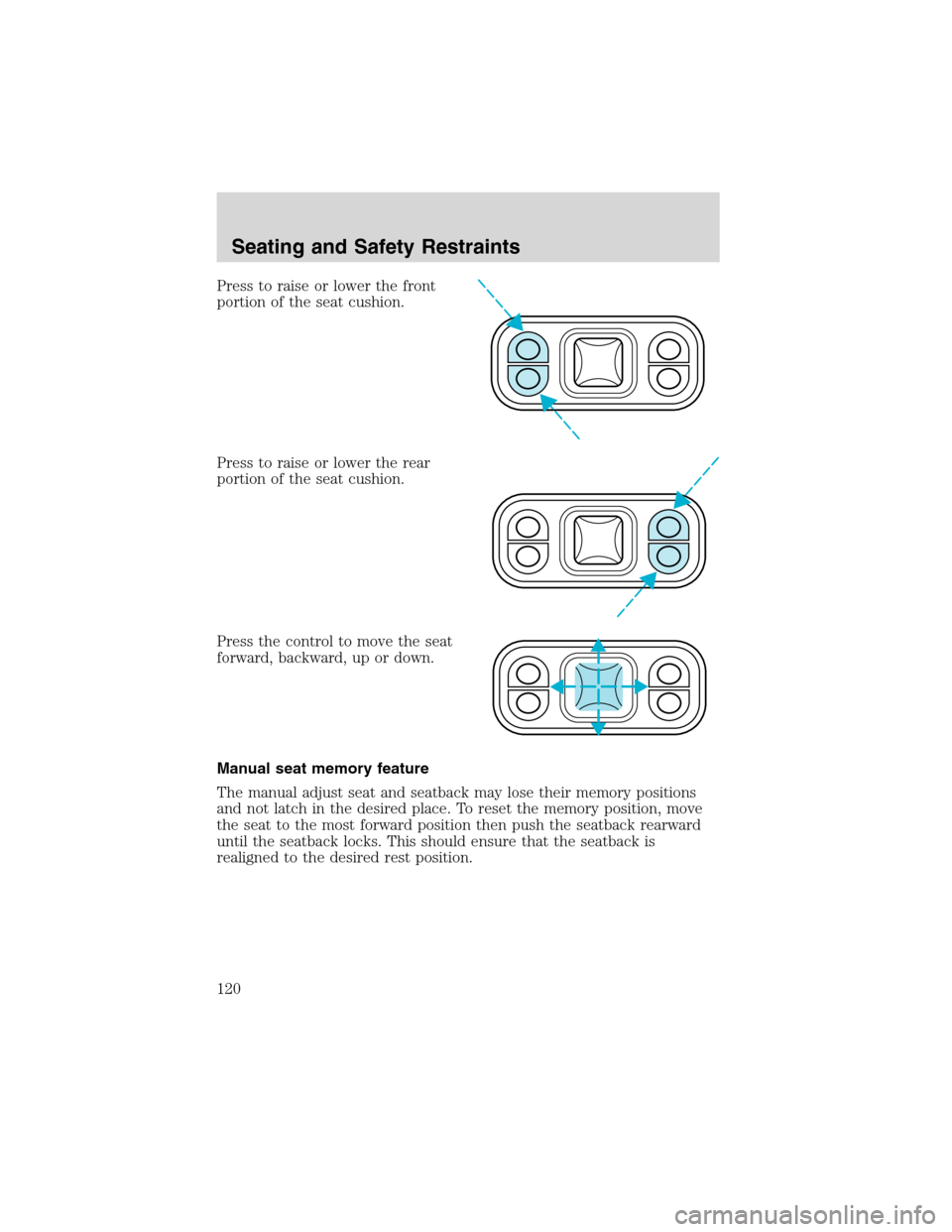 FORD EXCURSION 2004 1.G Owners Manual Press to raise or lower the front
portion of the seat cushion.
Press to raise or lower the rear
portion of the seat cushion.
Press the control to move the seat
forward, backward, up or down.
Manual se