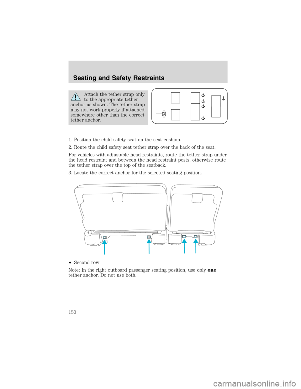 FORD EXCURSION 2004 1.G Owners Manual Attach the tether strap only
to the appropriate tether
anchor as shown. The tether strap
may not work properly if attached
somewhere other than the correct
tether anchor.
1. Position the child safety 