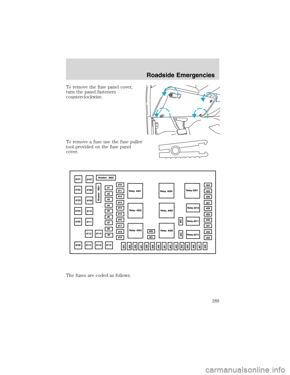 FORD EXCURSION 2004 1.G Owners Manual To remove the fuse panel cover,
turn the panel fasteners
counterclockwise.
To remove a fuse use the fuse puller
tool provided on the fuse panel
cover.
The fuses are coded as follows.
Roadside Emergenc