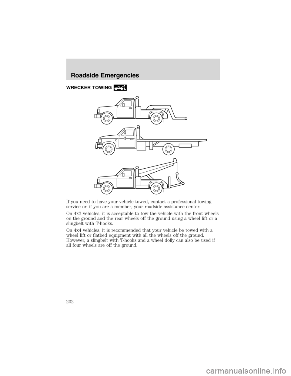FORD EXCURSION 2004 1.G Owners Manual WRECKER TOWING
If you need to have your vehicle towed, contact a professional towing
service or, if you are a member, your roadside assistance center.
On 4x2 vehicles, it is acceptable to tow the vehi FORD EXCURSION 2004 1.G Owners Manual WRECKER TOWING
If you need to have your vehicle towed, contact a professional towing
service or, if you are a member, your roadside assistance center.
On 4x2 vehicles, it is acceptable to tow the vehi