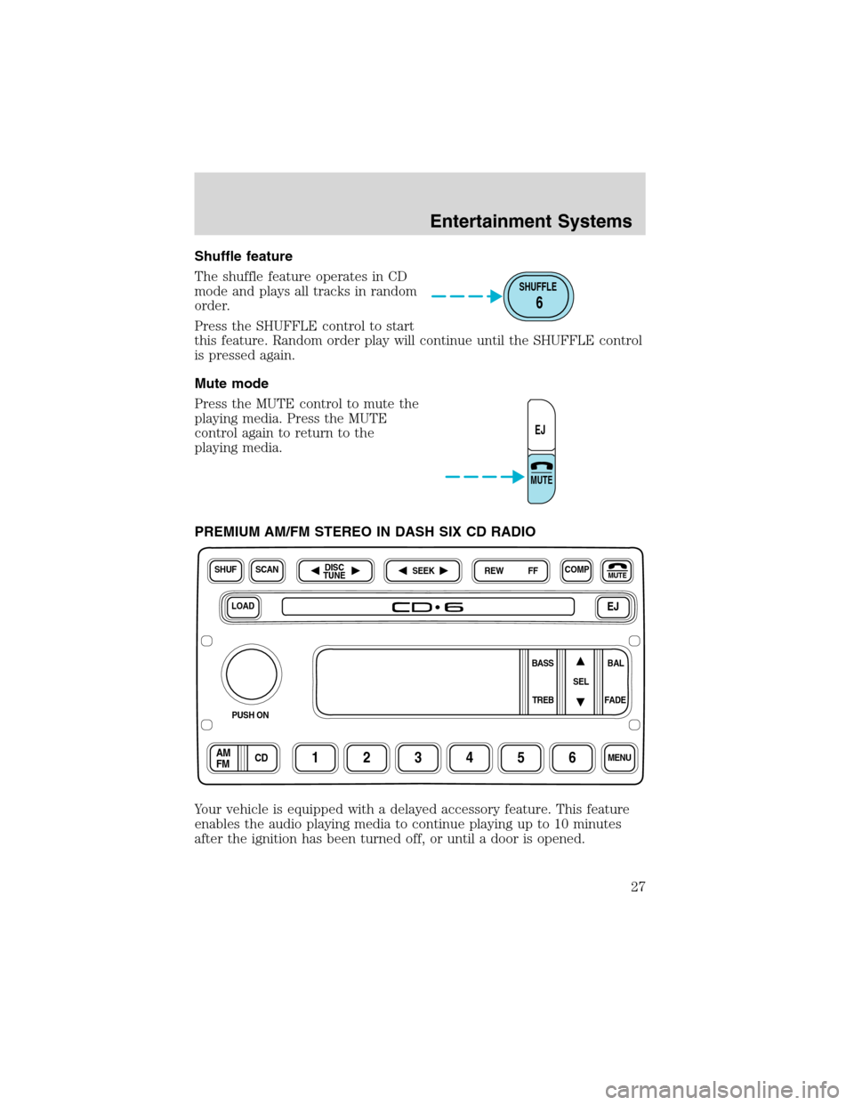 FORD EXCURSION 2004 1.G Owners Manual Shuffle feature
The shuffle feature operates in CD
mode and plays all tracks in random
order.
Press the SHUFFLE control to start
this feature. Random order play will continue until the SHUFFLE control