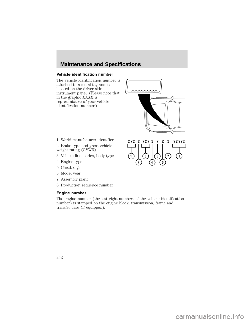 FORD EXCURSION 2004 1.G Owners Manual Vehicle identification number
The vehicle identification number is
attached to a metal tag and is
located on the driver side
instrument panel. (Please note that
in the graphic XXXX is
representative o