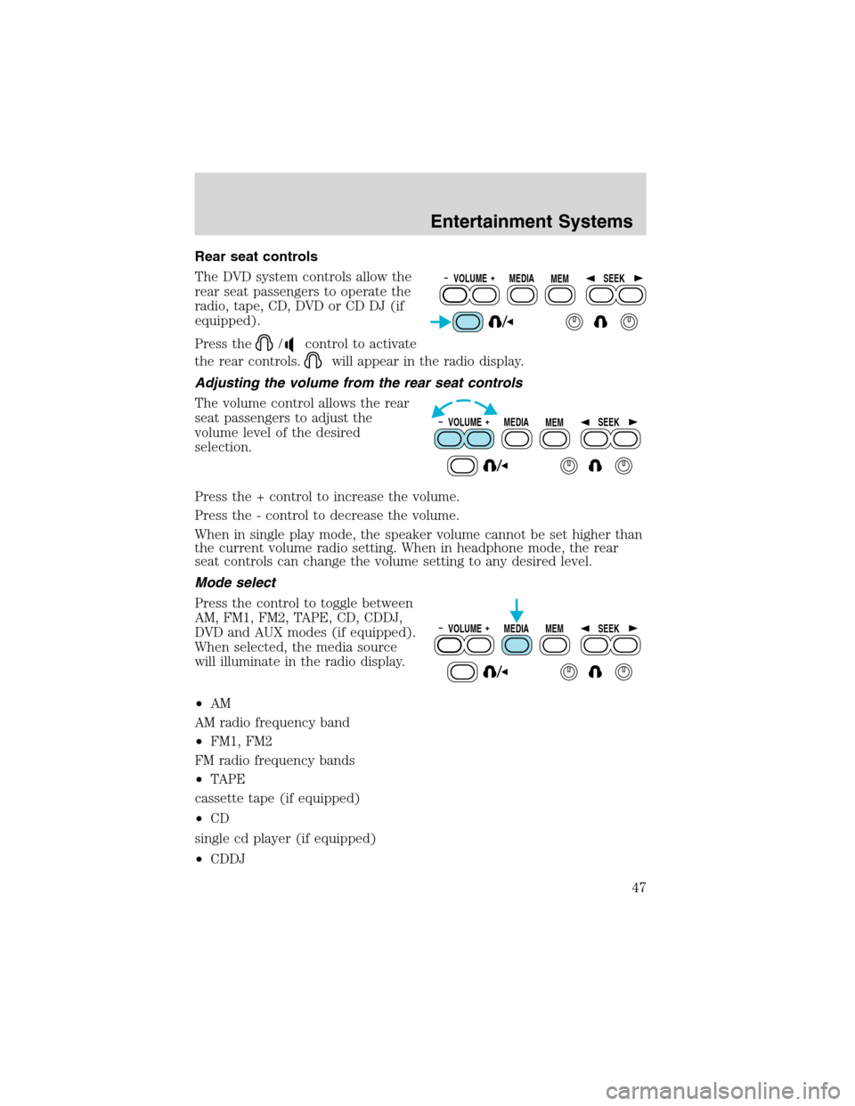 FORD EXCURSION 2004 1.G Service Manual Rear seat controls
The DVD system controls allow the
rear seat passengers to operate the
radio, tape, CD, DVD or CD DJ (if
equipped).
Press the
/control to activate
the rear controls.
will appear in t