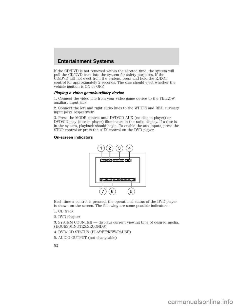 FORD EXCURSION 2004 1.G Owners Manual If the CD/DVD is not removed within the allotted time, the system will
pull the CD/DVD back into the system for safety purposes. If the
CD/DVD will not eject from the system, press and hold the EJECT
