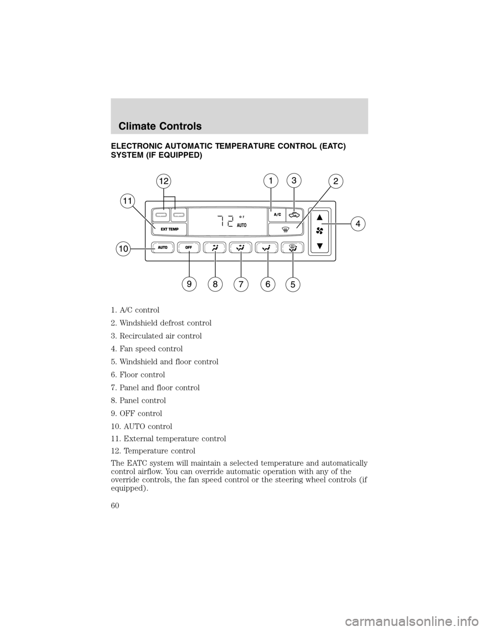 FORD EXCURSION 2004 1.G Workshop Manual ELECTRONIC AUTOMATIC TEMPERATURE CONTROL (EATC)
SYSTEM (IF EQUIPPED)
1. A/C control
2. Windshield defrost control
3. Recirculated air control
4. Fan speed control
5. Windshield and floor control
6. Fl
