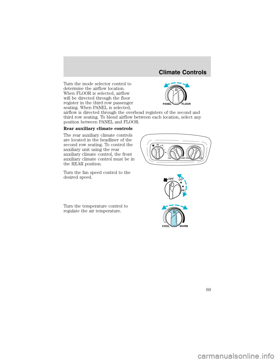 FORD EXCURSION 2004 1.G Repair Manual Turn the mode selector control to
determine the airflow location.
When FLOOR is selected, airflow
will be directed through the floor
register in the third row passenger
seating. When PANEL is selected