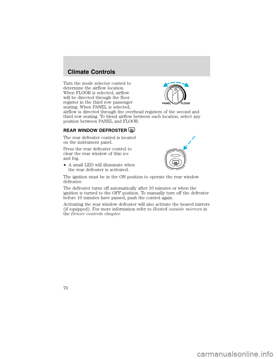 FORD EXCURSION 2004 1.G Owners Manual Turn the mode selector control to
determine the airflow location.
When FLOOR is selected, airflow
will be directed through the floor
register in the third row passenger
seating. When PANEL is selected