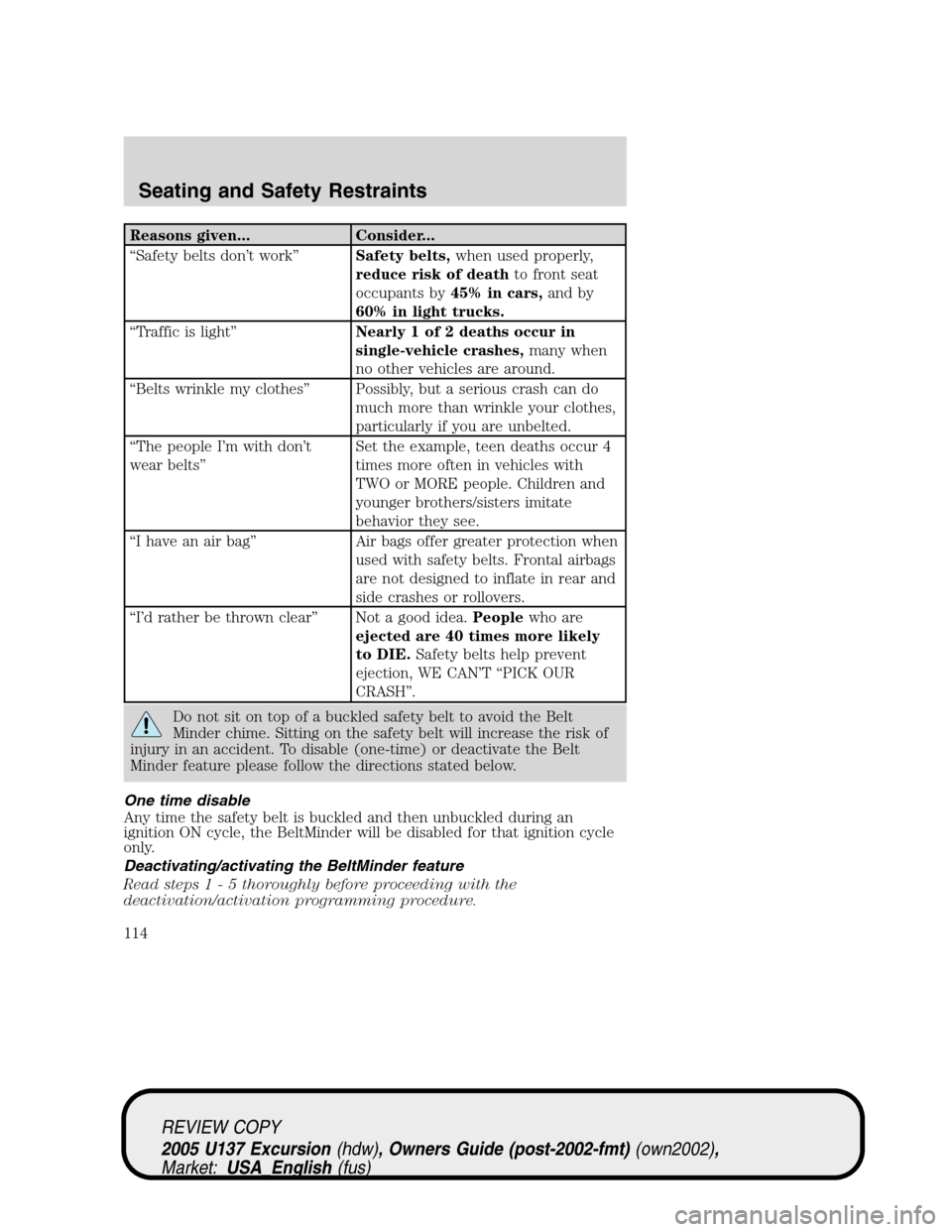 FORD EXCURSION 2005 1.G Owners Manual Reasons given... Consider...
“Safety belts don’t work”Safety belts,when used properly,
reduce risk of deathto front seat
occupants by45% in cars,and by
60% in light trucks.
“Traffic is light�