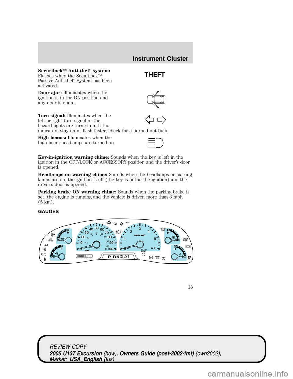 FORD EXCURSION 2005 1.G User Guide SecurilockAnti-theft system:
Flashes when the Securilock
Passive Anti-theft System has been
activated.
Door ajar:Illuminates when the
ignition is in the ON position and
any door is open.
Turn signal