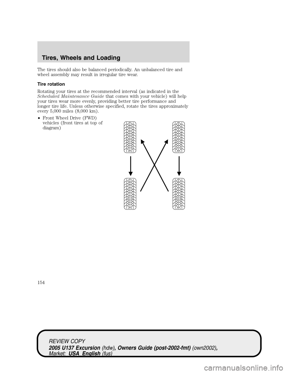 FORD EXCURSION 2005 1.G Owners Manual The tires should also be balanced periodically. An unbalanced tire and
wheel assembly may result in irregular tire wear.
Tire rotation
Rotating your tires at the recommended interval (as indicated in 