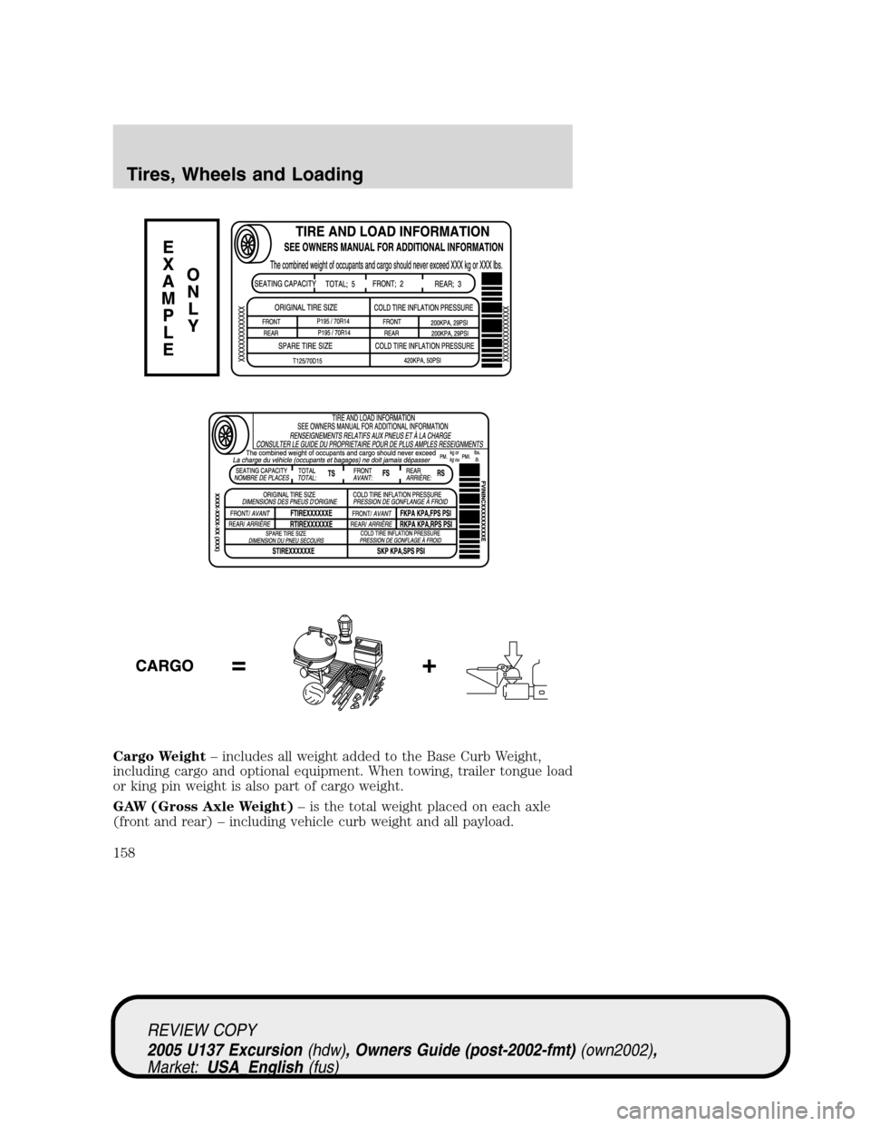 FORD EXCURSION 2005 1.G Owners Manual Cargo Weight–includes all weight added to the Base Curb Weight,
including cargo and optional equipment. When towing, trailer tongue load
or king pin weight is also part of cargo weight.
GAW (Gross A