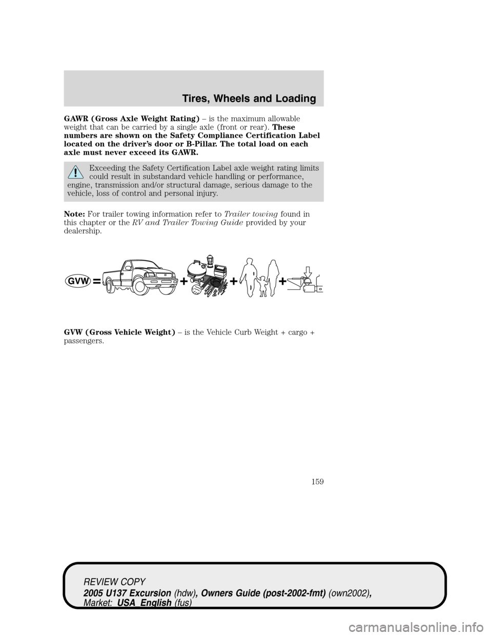 FORD EXCURSION 2005 1.G Owners Manual GAWR (Gross Axle Weight Rating)–is the maximum allowable
weight that can be carried by a single axle (front or rear).These
numbers are shown on the Safety Compliance Certification Label
located on t