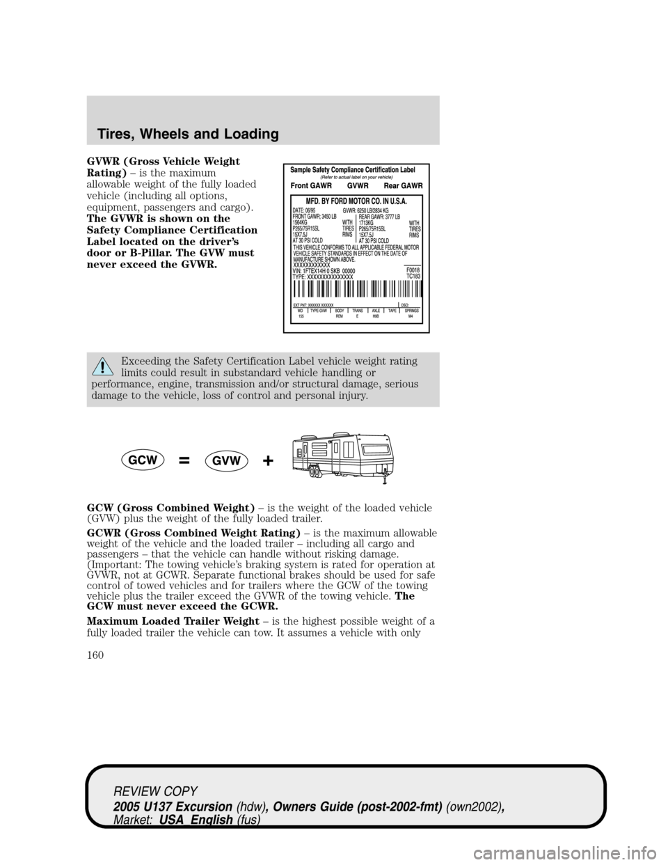 FORD EXCURSION 2005 1.G User Guide GVWR (Gross Vehicle Weight
Rating)–is the maximum
allowable weight of the fully loaded
vehicle (including all options,
equipment, passengers and cargo).
The GVWR is shown on the
Safety Compliance Ce