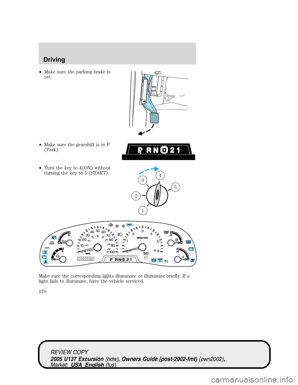 FORD EXCURSION 2005 1.G User Guide •Make sure the parking brake is
set.
•Make sure the gearshift is in P
(Park).
•Turn the key to 4(ON) without
turning the key to 5 (START).
Make sure the corresponding lights illuminate or illumi