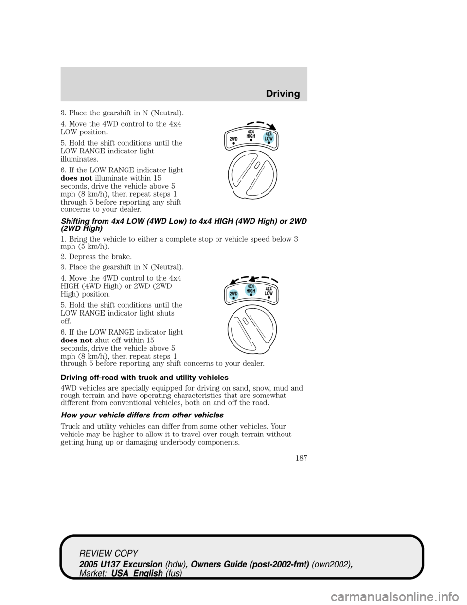 FORD EXCURSION 2005 1.G Owners Manual 3. Place the gearshift in N (Neutral).
4. Move the 4WD control to the 4x4
LOW position.
5. Hold the shift conditions until the
LOW RANGE indicator light
illuminates.
6. If the LOW RANGE indicator ligh FORD EXCURSION 2005 1.G Owners Manual 3. Place the gearshift in N (Neutral).
4. Move the 4WD control to the 4x4
LOW position.
5. Hold the shift conditions until the
LOW RANGE indicator light
illuminates.
6. If the LOW RANGE indicator ligh