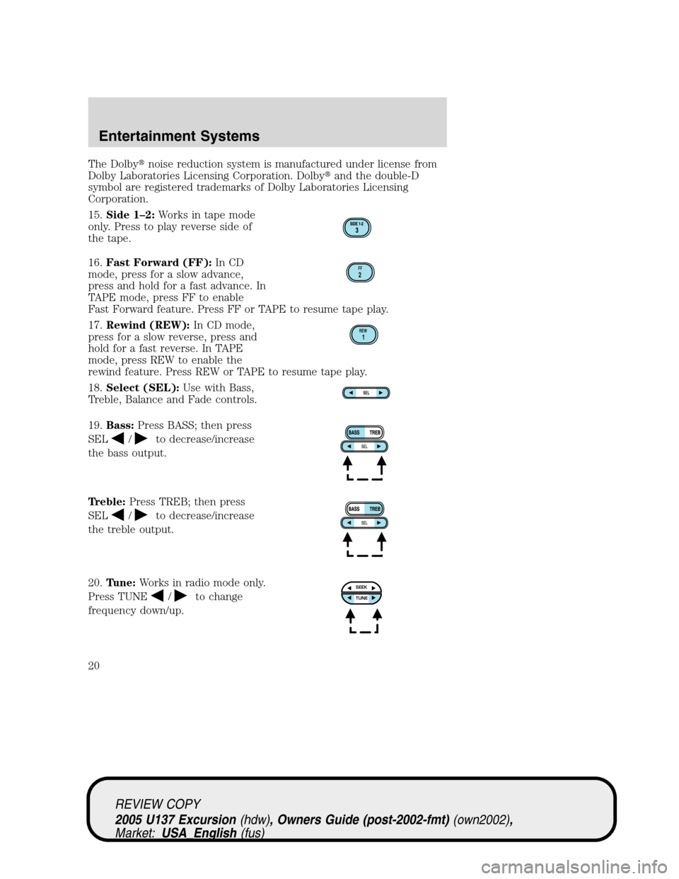 FORD EXCURSION 2005 1.G User Guide The Dolbynoise reduction system is manufactured under license from
Dolby Laboratories Licensing Corporation. Dolbyand the double-D
symbol are registered trademarks of Dolby Laboratories Licensing
Co