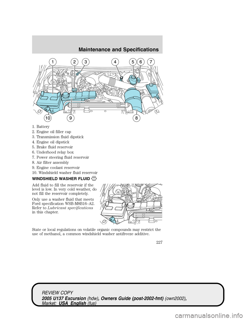 FORD EXCURSION 2005 1.G Owners Manual 1. Battery
2. Engine oil filler cap
3. Transmission fluid dipstick
4. Engine oil dipstick
5. Brake fluid reservoir
6. Underhood relay box
7. Power steering fluid reservoir
8. Air filter assembly
9. En FORD EXCURSION 2005 1.G Owners Manual 1. Battery
2. Engine oil filler cap
3. Transmission fluid dipstick
4. Engine oil dipstick
5. Brake fluid reservoir
6. Underhood relay box
7. Power steering fluid reservoir
8. Air filter assembly
9. En