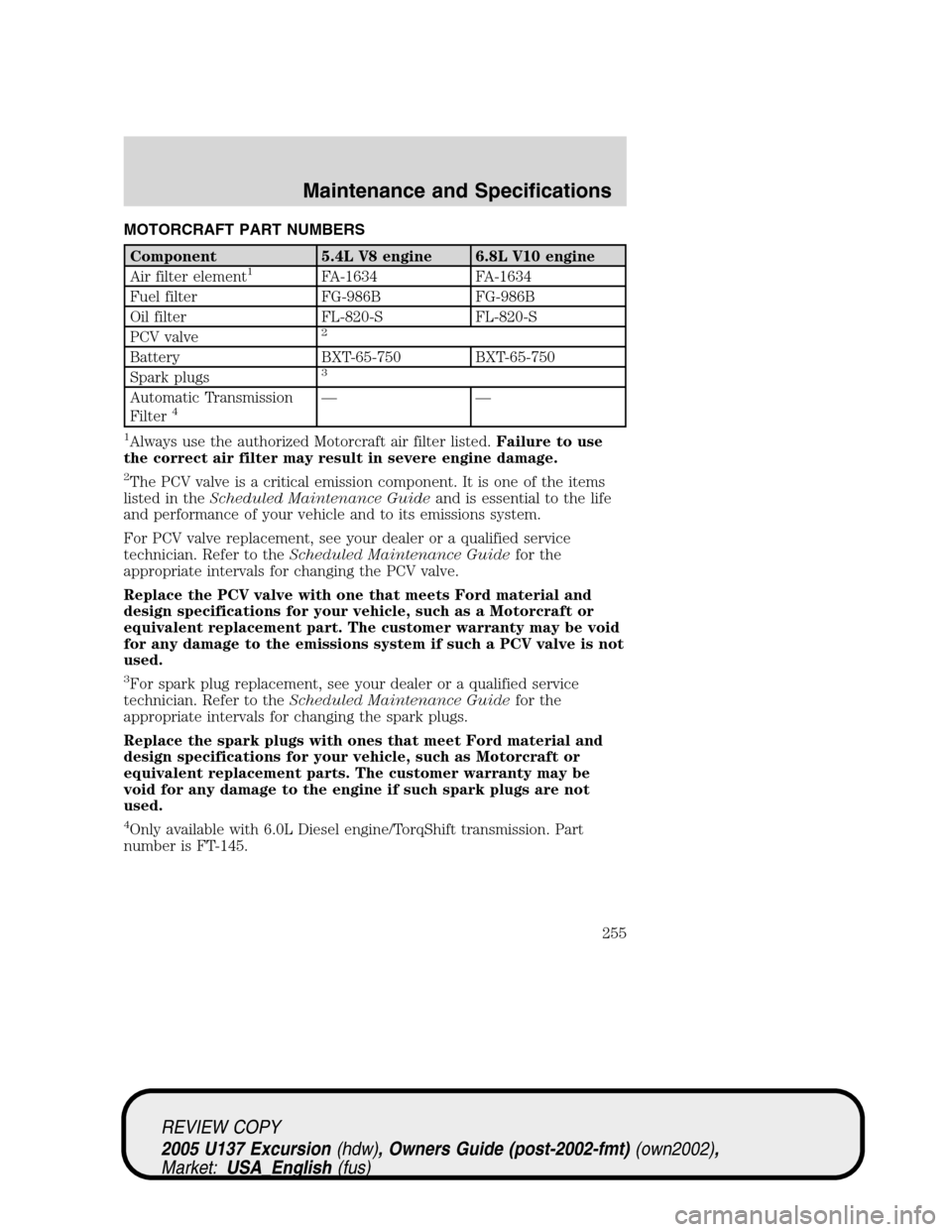 FORD EXCURSION 2005 1.G User Guide MOTORCRAFT PART NUMBERS
Component 5.4L V8 engine 6.8L V10 engine
Air filter element1FA-1634 FA-1634
Fuel filter FG-986B FG-986B
Oil filter FL-820-S FL-820-S
PCV valve
2
Battery BXT-65-750 BXT-65-750
S