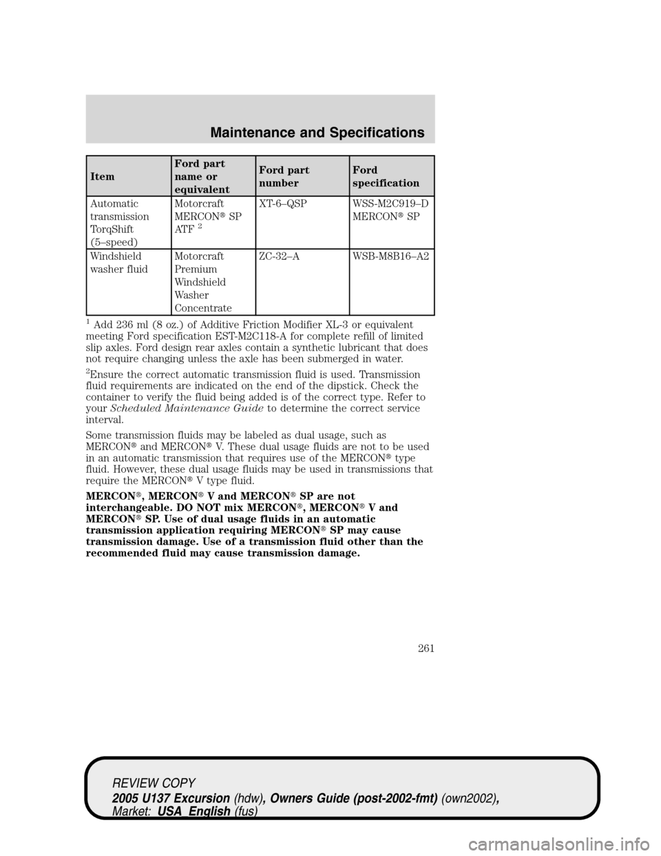 FORD EXCURSION 2005 1.G Workshop Manual ItemFord part
name or
equivalentFord part
numberFord
specification
Automatic
transmission
TorqShift
(5–speed)Motorcraft
MERCONSP
AT F
2
XT-6–QSP WSS-M2C919–D
MERCONSP
Windshield
washer fluidMo