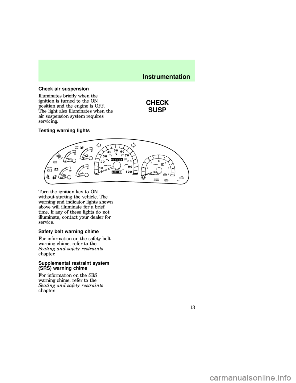 FORD EXPEDITION 1997 1.G User Guide Check air suspension
Illuminates briefly when the
ignition is turned to the ON
position and the engine is OFF.
The light also illuminates when the
air suspension system requires
servicing.
Testing war FORD EXPEDITION 1997 1.G User Guide Check air suspension
Illuminates briefly when the
ignition is turned to the ON
position and the engine is OFF.
The light also illuminates when the
air suspension system requires
servicing.
Testing war