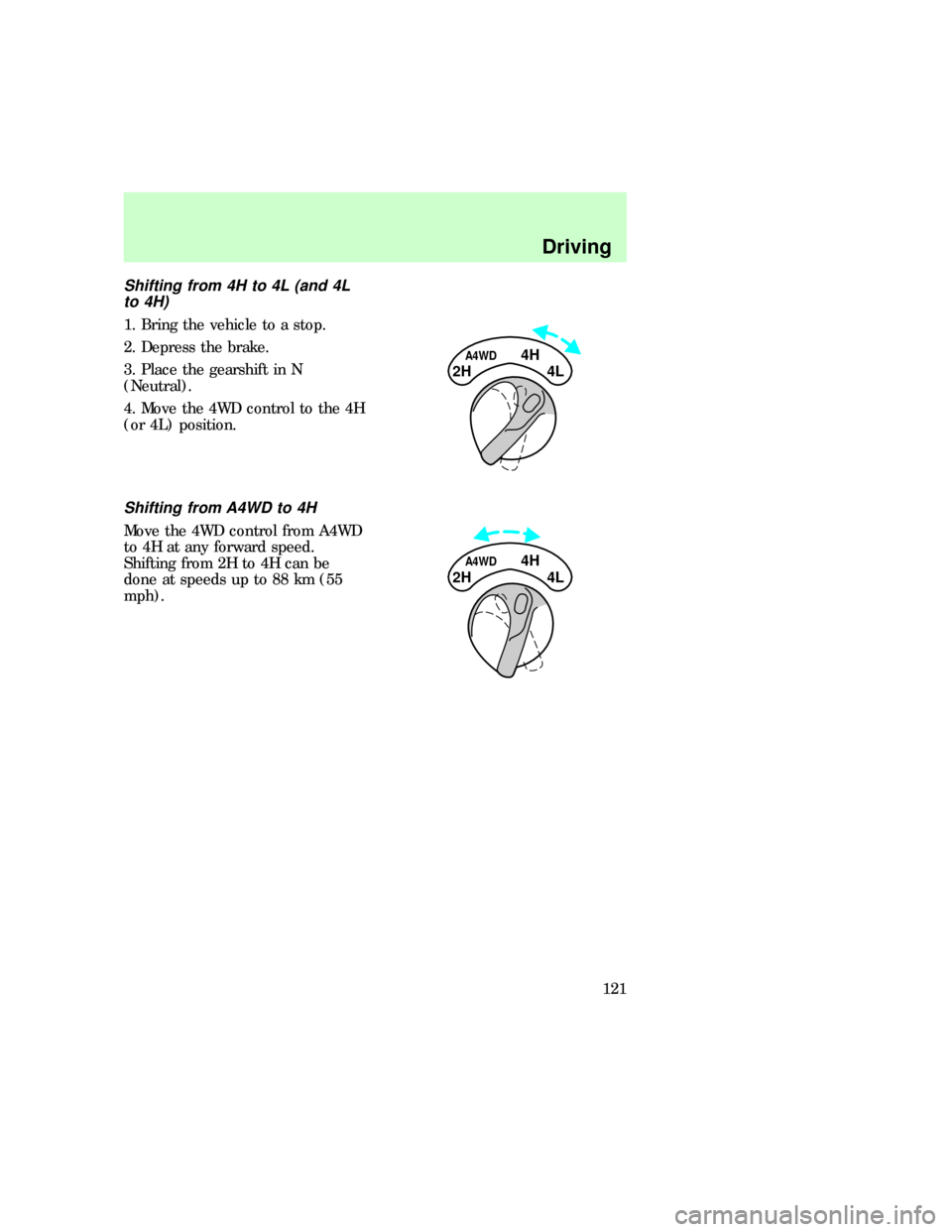 FORD EXPEDITION 1997 1.G Owners Manual Shifting from 4H to 4L (and 4L
to 4H)
1. Bring the vehicle to a stop.
2. Depress the brake.
3. Place the gearshift in N
(Neutral).
4. Move the 4WD control to the 4H
(or 4L) position.
Shifting from A4W FORD EXPEDITION 1997 1.G Owners Manual Shifting from 4H to 4L (and 4L
to 4H)
1. Bring the vehicle to a stop.
2. Depress the brake.
3. Place the gearshift in N
(Neutral).
4. Move the 4WD control to the 4H
(or 4L) position.
Shifting from A4W