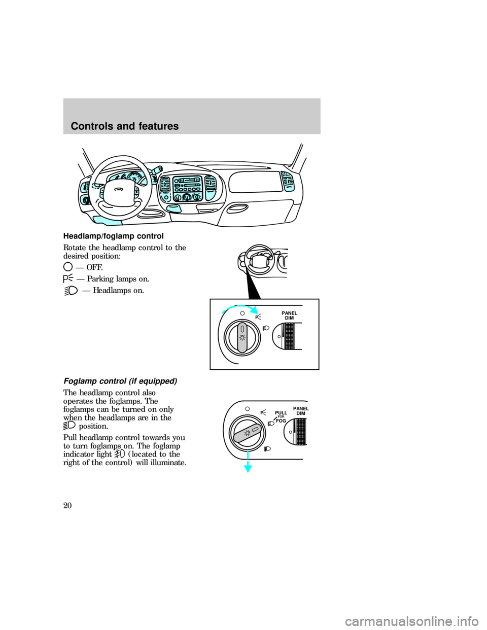 FORD EXPEDITION 1997 1.G Owners Manual Headlamp/foglamp control
Rotate the headlamp control to the
desired position:
Ð OFF.
Ð Parking lamps on.
Ð Headlamps on.
Foglamp control (if equipped)
The headlamp control also
operates the foglamp