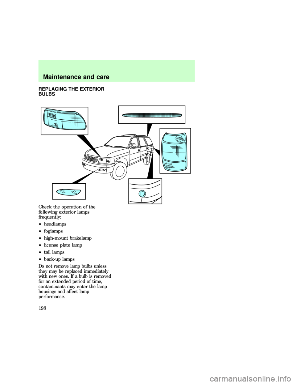 FORD EXPEDITION 1997 1.G Owners Manual REPLACING THE EXTERIOR
BULBS
Check the operation of the
following exterior lamps
frequently:
²headlamps
²foglamps
²high-mount brakelamp
²license plate lamp
²tail lamps
²back-up lamps
Do not remo FORD EXPEDITION 1997 1.G Owners Manual REPLACING THE EXTERIOR
BULBS
Check the operation of the
following exterior lamps
frequently:
²headlamps
²foglamps
²high-mount brakelamp
²license plate lamp
²tail lamps
²back-up lamps
Do not remo
