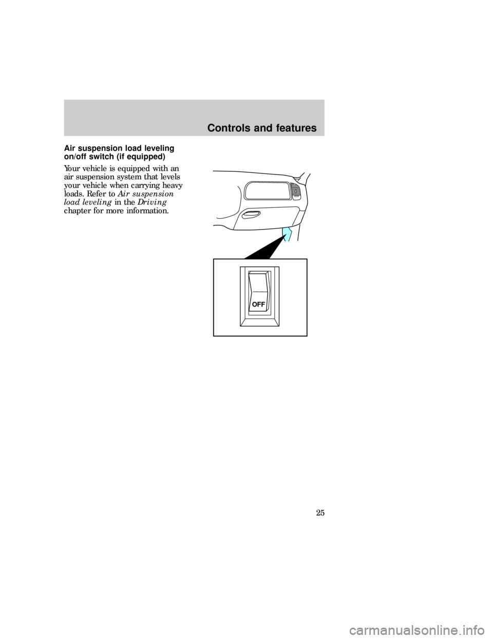 FORD EXPEDITION 1997 1.G Owners Manual Air suspension load leveling
on/off switch (if equipped)
Your vehicle is equipped with an
air suspension system that levels
your vehicle when carrying heavy
loads. Refer toAir suspension
load leveling