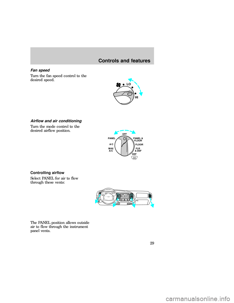 FORD EXPEDITION 1997 1.G Owners Manual Fan speed
Turn the fan speed control to the
desired speed.
Airflow and air conditioning
Turn the mode control to the
desired airflow position.
Controlling airflow
Select PANEL for air to flow
through 