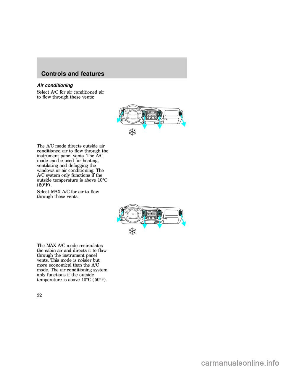 FORD EXPEDITION 1997 1.G Owners Manual Air conditioning
Select A/C for air conditioned air
to flow through these vents:
The A/C mode directs outside air
conditioned air to flow through the
instrument panel vents. The A/C
mode can be used f