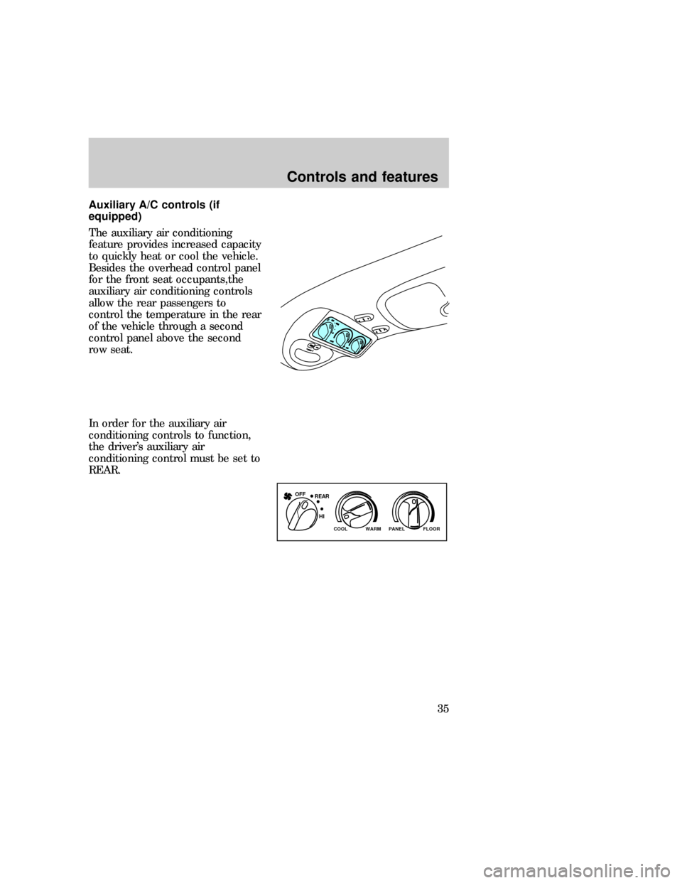 FORD EXPEDITION 1997 1.G Owners Guide Auxiliary A/C controls (if
equipped)
The auxiliary air conditioning
feature provides increased capacity
to quickly heat or cool the vehicle.
Besides the overhead control panel
for the front seat occup