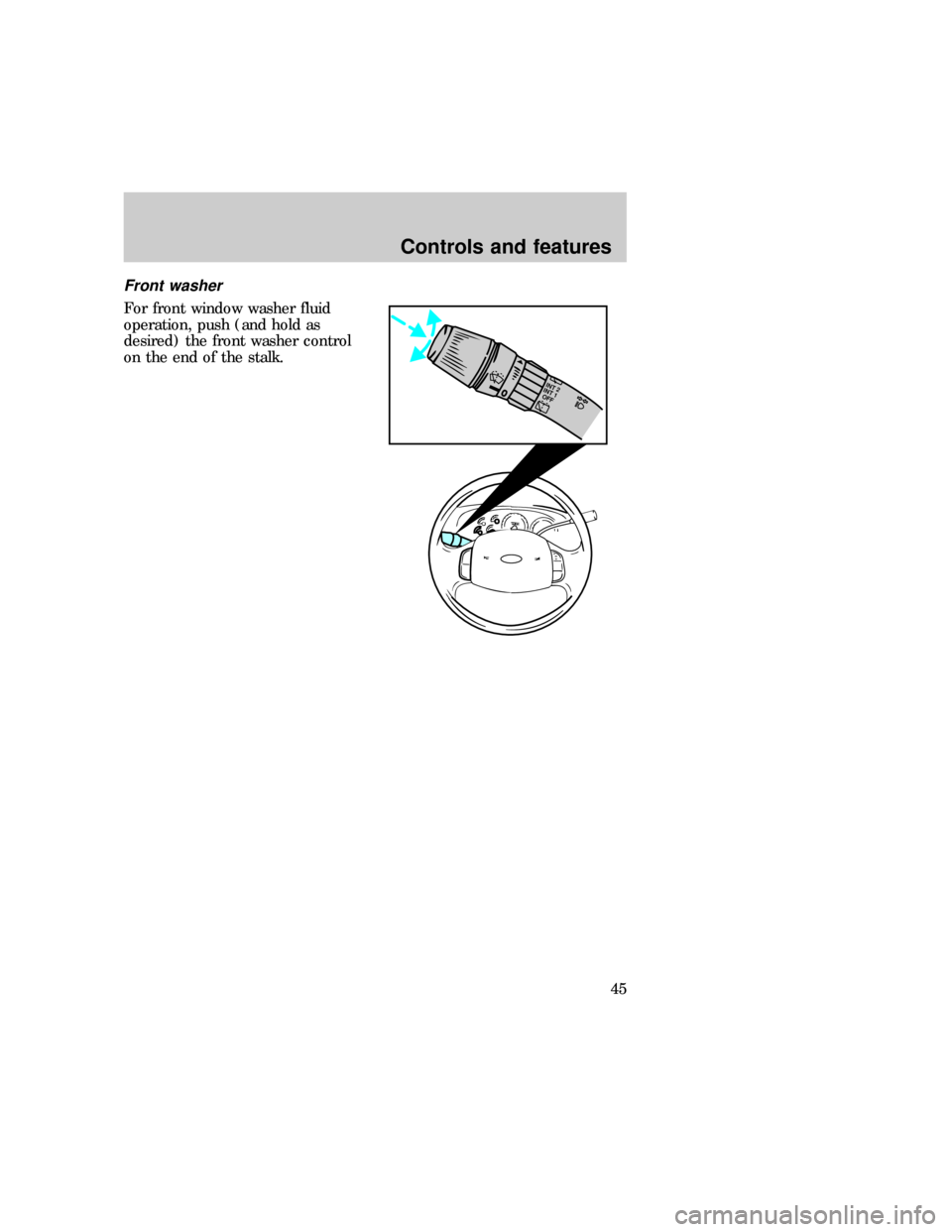 FORD EXPEDITION 1997 1.G Service Manual Front washer
For front window washer fluid
operation, push (and hold as
desired) the front washer control
on the end of the stalk.
INT 2
INT 1
OFF
exd_title_rear_washer
Controls and features
45 