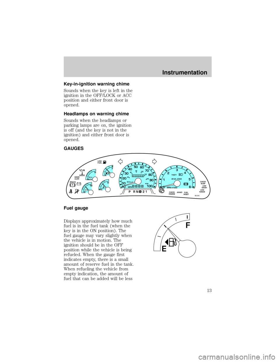 FORD EXPEDITION 1998 1.G User Guide Key-in-ignition warning chime
Sounds when the key is left in the
ignition in the OFF/LOCK or ACC
position and either front door is
opened.
Headlamps on warning chime
Sounds when the headlamps or
parki