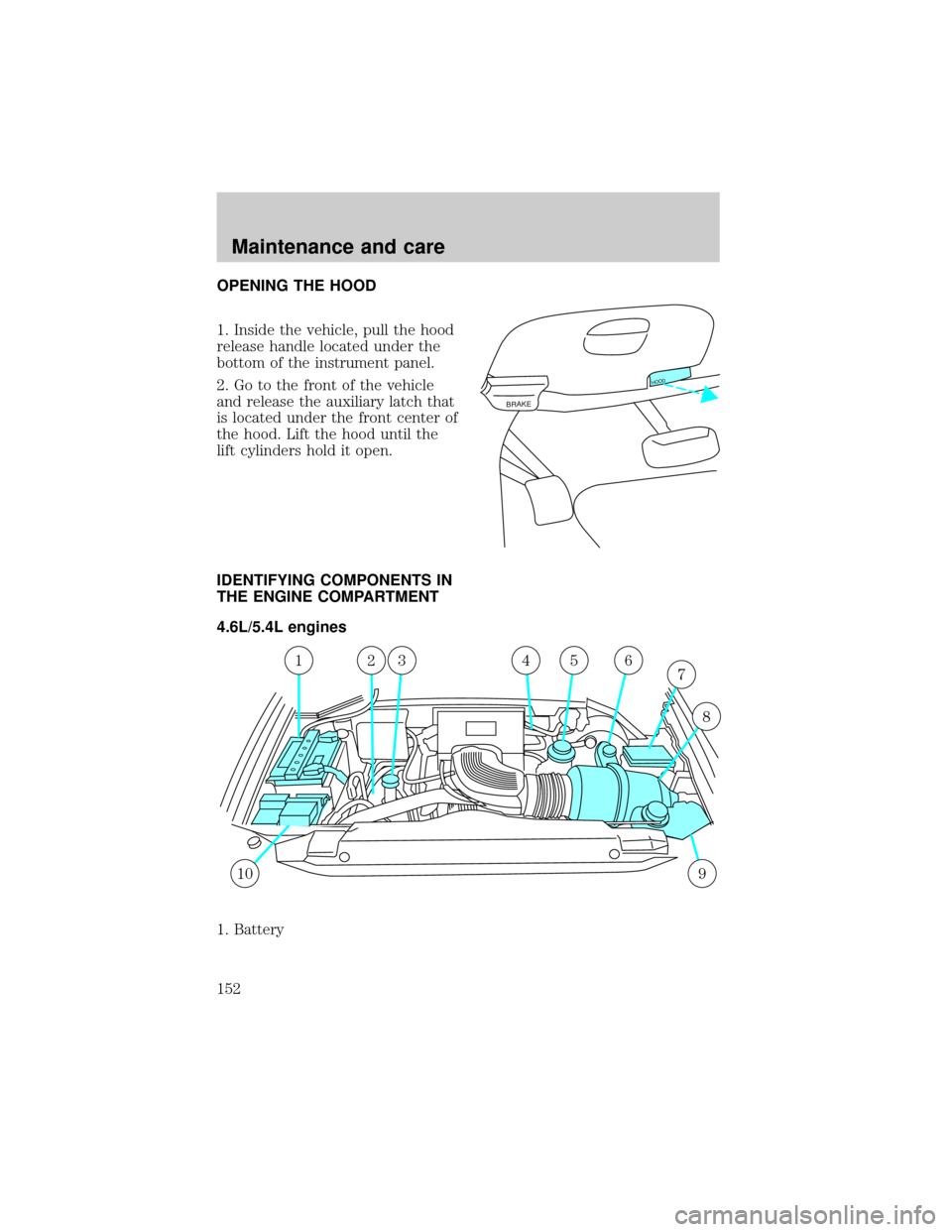 FORD EXPEDITION 1998 1.G Owners Manual OPENING THE HOOD
1. Inside the vehicle, pull the hood
release handle located under the
bottom of the instrument panel.
2. Go to the front of the vehicle
and release the auxiliary latch that
is located FORD EXPEDITION 1998 1.G Owners Manual OPENING THE HOOD
1. Inside the vehicle, pull the hood
release handle located under the
bottom of the instrument panel.
2. Go to the front of the vehicle
and release the auxiliary latch that
is located