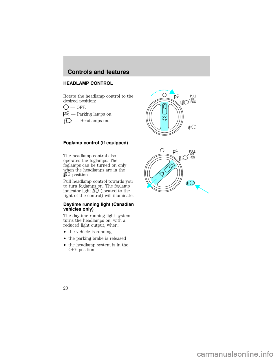 FORD EXPEDITION 1998 1.G Owners Manual HEADLAMP CONTROL
Rotate the headlamp control to the
desired position:
Ð OFF.
Ð Parking lamps on.
Ð Headlamps on.
Foglamp control (if equipped)
The headlamp control also
operates the foglamps. The
f