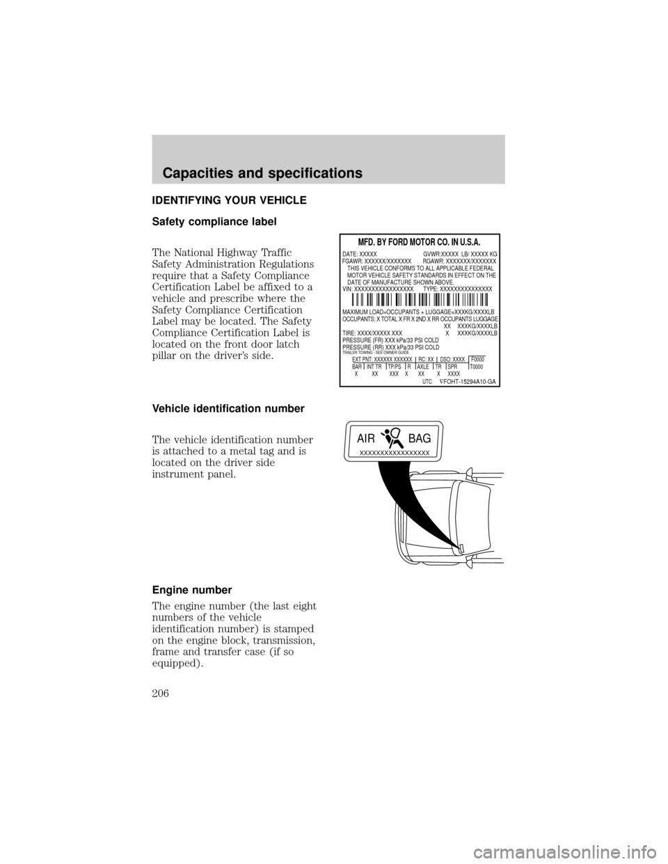 FORD EXPEDITION 1998 1.G Owners Manual IDENTIFYING YOUR VEHICLE
Safety compliance label
The National Highway Traffic
Safety Administration Regulations
require that a Safety Compliance
Certification Label be affixed to a
vehicle and prescri