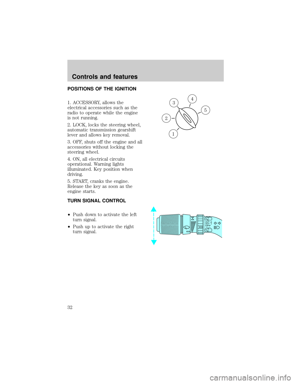 FORD EXPEDITION 1998 1.G Owners Manual POSITIONS OF THE IGNITION
1. ACCESSORY, allows the
electrical accessories such as the
radio to operate while the engine
is not running.
2. LOCK, locks the steering wheel,
automatic transmission gearsh