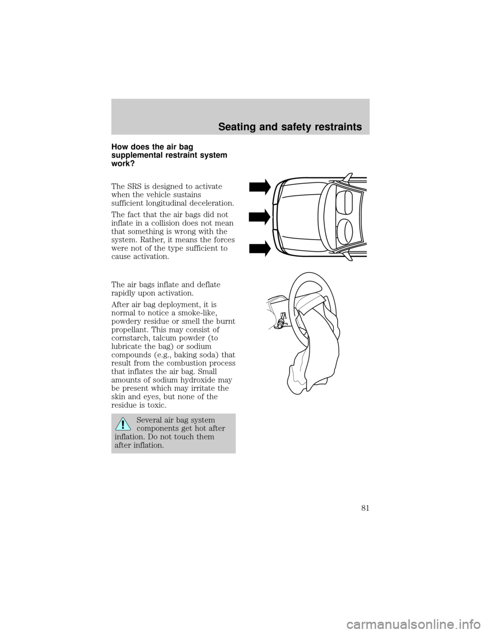 FORD EXPEDITION 1998 1.G Manual Online How does the air bag
supplemental restraint system
work?
The SRS is designed to activate
when the vehicle sustains
sufficient longitudinal deceleration.
The fact that the air bags did not
inflate in a FORD EXPEDITION 1998 1.G Manual Online How does the air bag
supplemental restraint system
work?
The SRS is designed to activate
when the vehicle sustains
sufficient longitudinal deceleration.
The fact that the air bags did not
inflate in a