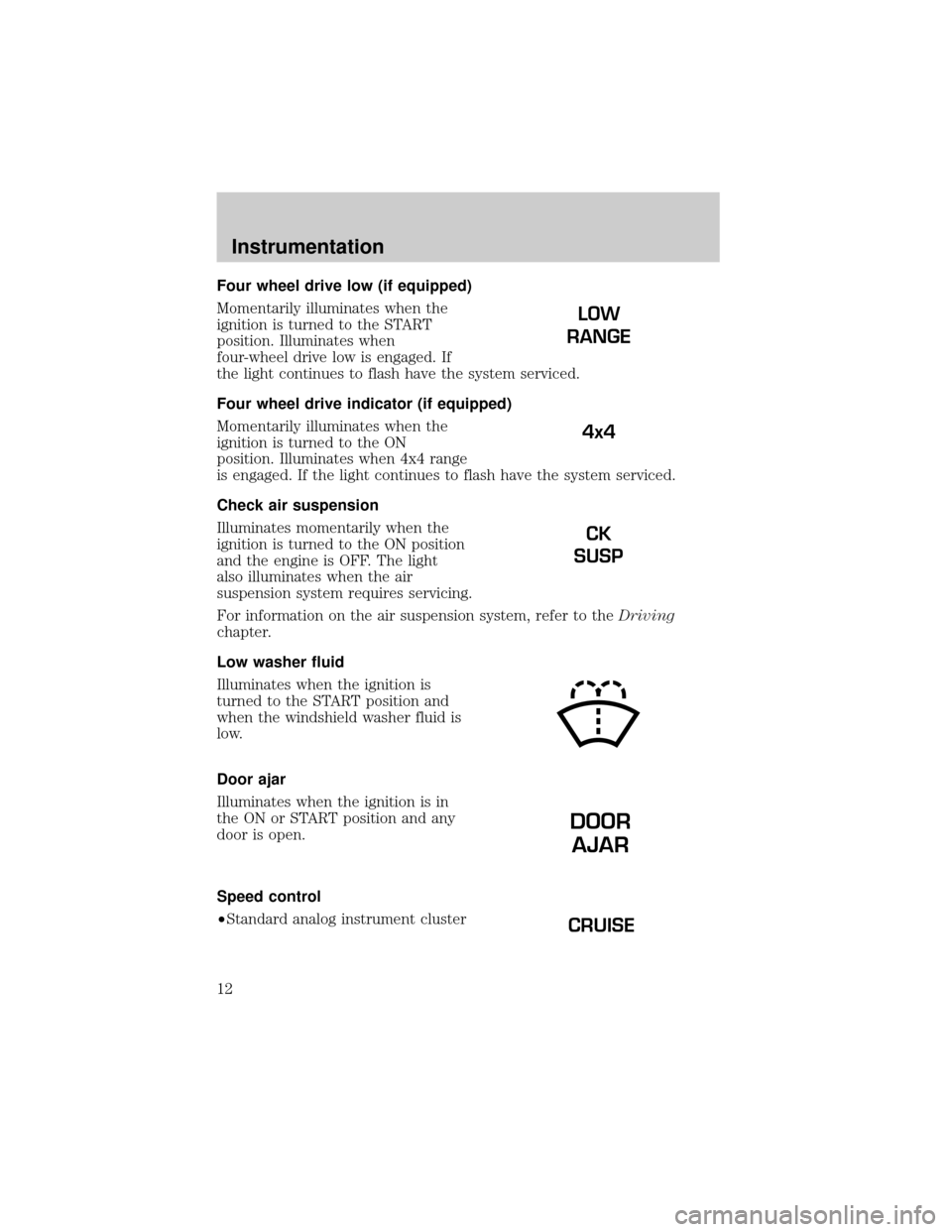 FORD EXPEDITION 2000 1.G Owners Manual Four wheel drive low (if equipped)
Momentarily illuminates when the
ignition is turned to the START
position. Illuminates when
four-wheel drive low is engaged. If
the light continues to flash have the