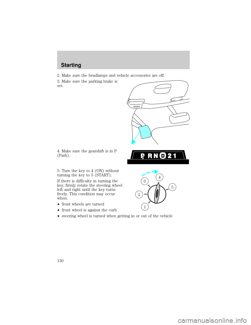 FORD EXPEDITION 2000 1.G Owners Manual 2. Make sure the headlamps and vehicle accessories are off.
3. Make sure the parking brake is
set.
4. Make sure the gearshift is in P
(Park).
5. Turn the key to 4 (ON) without
turning the key to 5 (ST