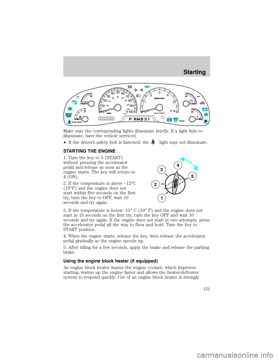 FORD EXPEDITION 2000 1.G Owners Manual Make sure the corresponding lights illuminate briefly. If a light fails to
illuminate, have the vehicle serviced.
²If the drivers safety belt is fastened, the
light may not illuminate.
STARTING THE 