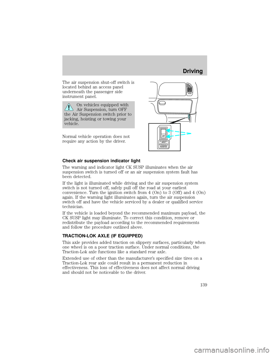 FORD EXPEDITION 2000 1.G Owners Manual The air suspension shut-off switch is
located behind an access panel
underneath the passenger side
instrument panel.
On vehicles equipped with
Air Suspension, turn OFF
the Air Suspension switch prior 