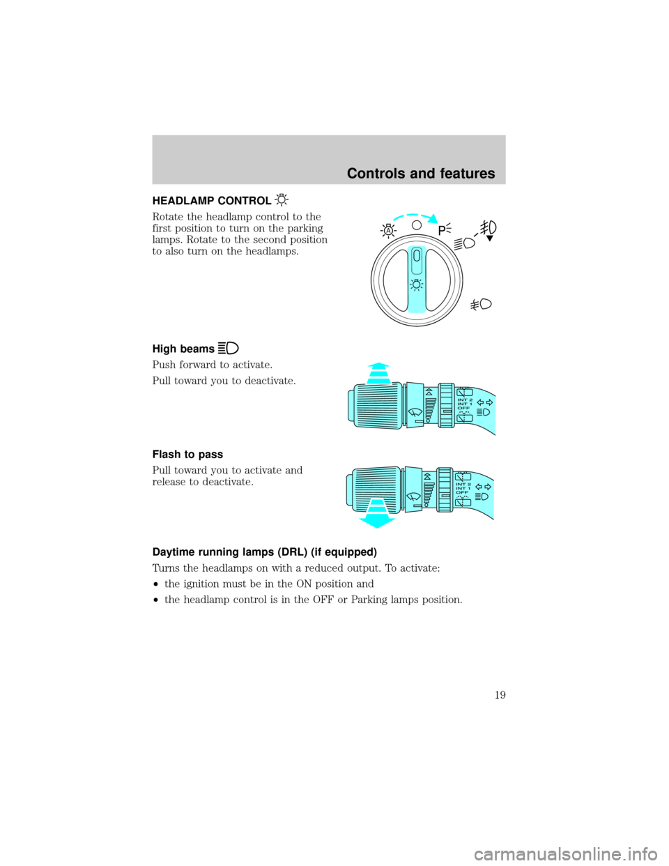 FORD EXPEDITION 2000 1.G Owners Manual HEADLAMP CONTROL
Rotate the headlamp control to the
first position to turn on the parking
lamps. Rotate to the second position
to also turn on the headlamps.
High beams
Push forward to activate.
Pull 