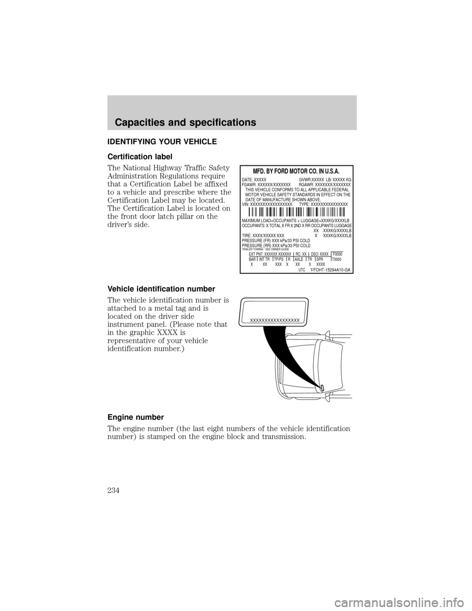 FORD EXPEDITION 2000 1.G Owners Manual IDENTIFYING YOUR VEHICLE
Certification label
The National Highway Traffic Safety
Administration Regulations require
that a Certification Label be affixed
to a vehicle and prescribe where the
Certifica