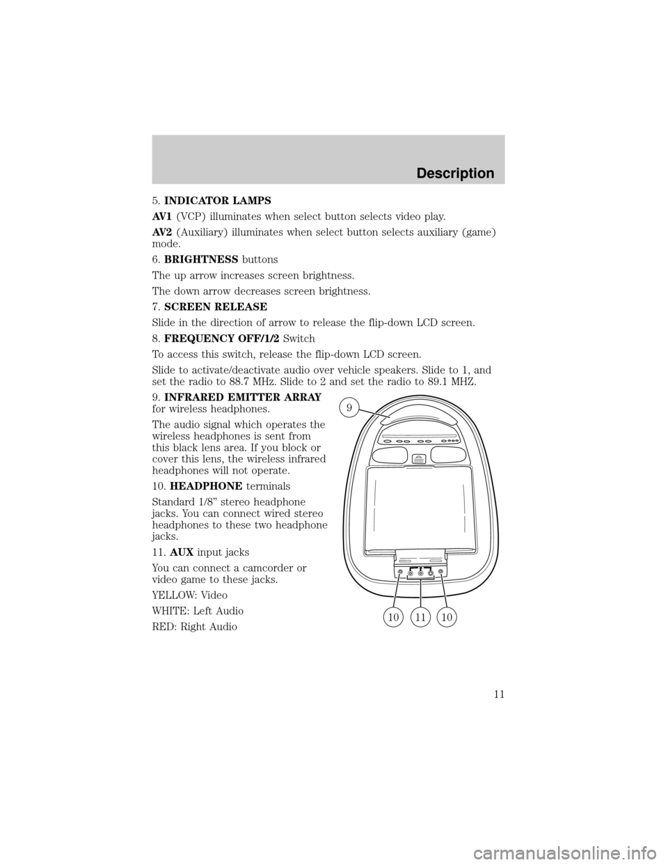 FORD EXPEDITION 2000 1.G Rear Seat Entertainment System Manual 5.INDICATOR LAMPS
AV 1(VCP) illuminates when select button selects video play.
AV 2(Auxiliary) illuminates when select button selects auxiliary (game)
mode.
6.BRIGHTNESSbuttons
The up arrow increases 