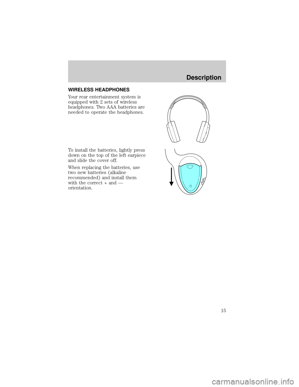 FORD EXPEDITION 2000 1.G Rear Seat Entertainment System Manual WIRELESS HEADPHONES
Your rear entertainment system is
equipped with 2 sets of wireless
headphones. Two AAA batteries are
needed to operate the headphones.
To install the batteries, lightly press
down 
