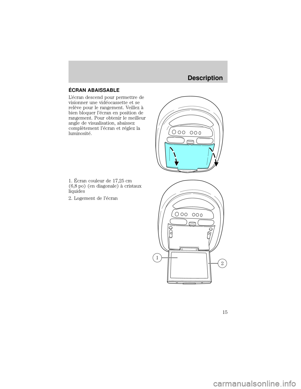 FORD EXPEDITION 2000 1.G Rear Seat Entertainment System Manual ˆCRAN ABAISSABLE
L×cran descend pour permettre de
visionner une vid×ocassette et se
relÖve pour le rangement. Veillez °
bien bloquer l×cran en position de
rangement. Pour obtenir le meilleur
a FORD EXPEDITION 2000 1.G Rear Seat Entertainment System Manual ˆCRAN ABAISSABLE
L×cran descend pour permettre de
visionner une vid×ocassette et se
relÖve pour le rangement. Veillez °
bien bloquer l×cran en position de
rangement. Pour obtenir le meilleur
a