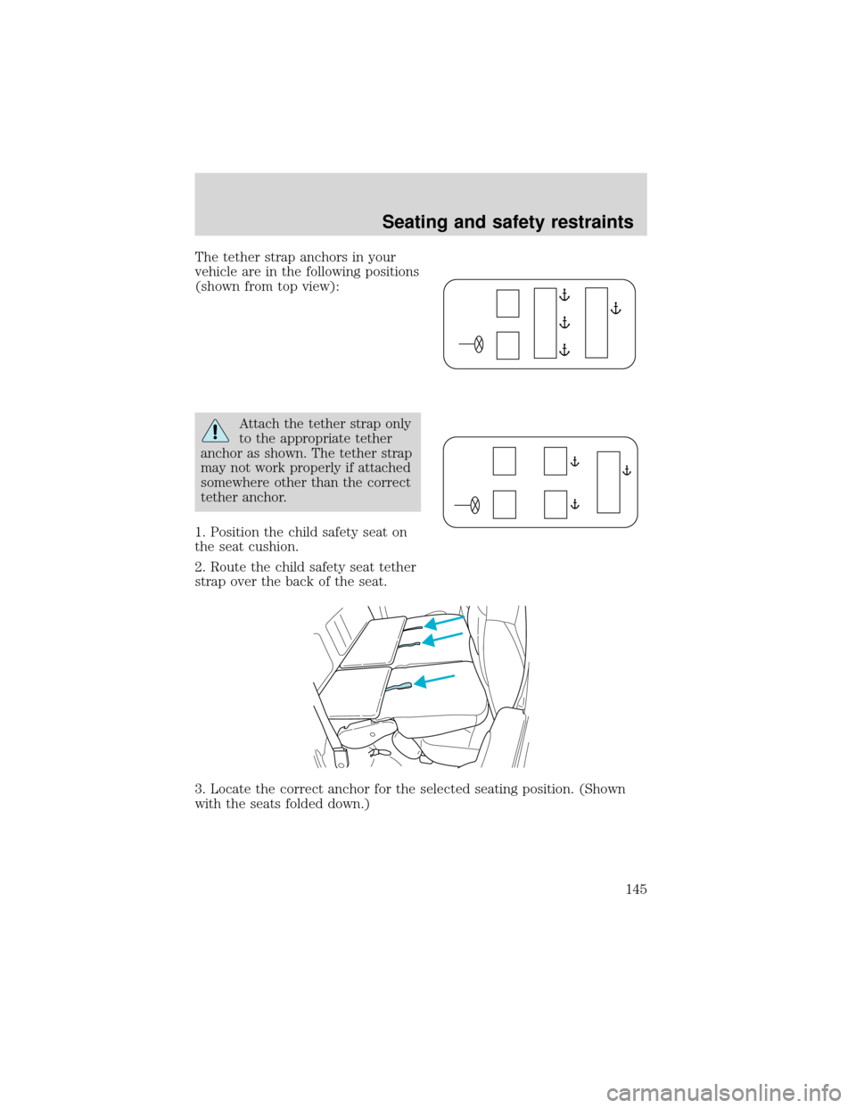 FORD EXPEDITION 2001 1.G Owners Manual The tether strap anchors in your
vehicle are in the following positions
(shown from top view):
Attach the tether strap only
to the appropriate tether
anchor as shown. The tether strap
may not work pro FORD EXPEDITION 2001 1.G Owners Manual The tether strap anchors in your
vehicle are in the following positions
(shown from top view):
Attach the tether strap only
to the appropriate tether
anchor as shown. The tether strap
may not work pro